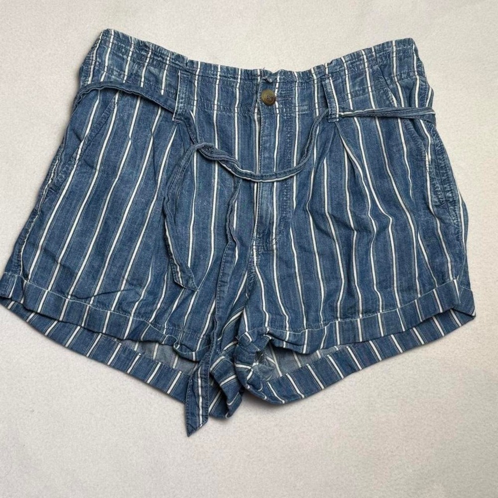 American Eagle Blue Striped Paperbag Tie Waist Linen Blend Shorts Size 12